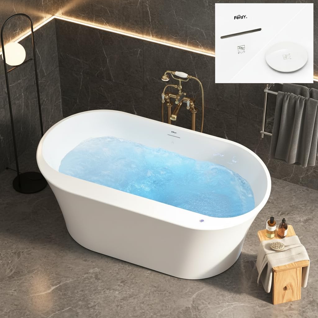 FerdY 67" Acrylic Freestanding Whirlpool Bathtub with LED Light, 8 Air & Water Jets, Contemporary Soaking tub with White Drain, Elegant Oval Shape, cUPC Certified, Mauritius