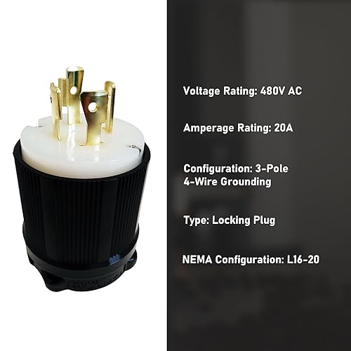 Miniatura 2 de OCS Parts Enchufe de bloqueo NEMA L16-20p  480V - 20A - 3 polos 4 cables  Enchufes electicos de repuesto listados cUL (enchufe L16-20)