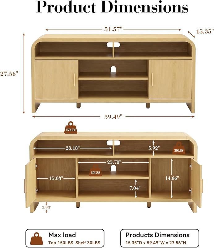Curved Profile TV Stand for TVs Up to 65" | [P2 Engineered Wooden Board] 4 Open Storage & 2 Enclosed Cabinets, Television Console, Entertainment Center Media Cabinet image 6