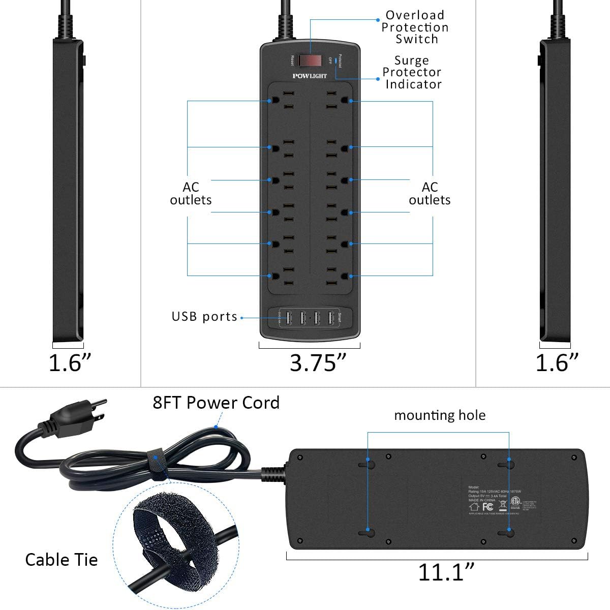 Power Strip with 8 Ft, POWLIGHT Surge Protector with 12 AC Outlets and 4 USB Ports,1875W/15A, 2100 Joules, 8 Feet Long Extension Cord for Smartphone Tablets Home,Office, Hotel- Black : Electronics