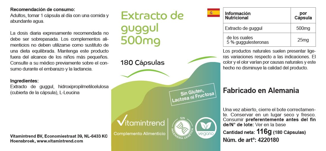 Vitamintrend Extrait de Guggul 500 mg, 180 gélules, 5% de guggulstérones, hautement dosé, végétalien sans stéarate de magnésium, fabriqué en Allemagne