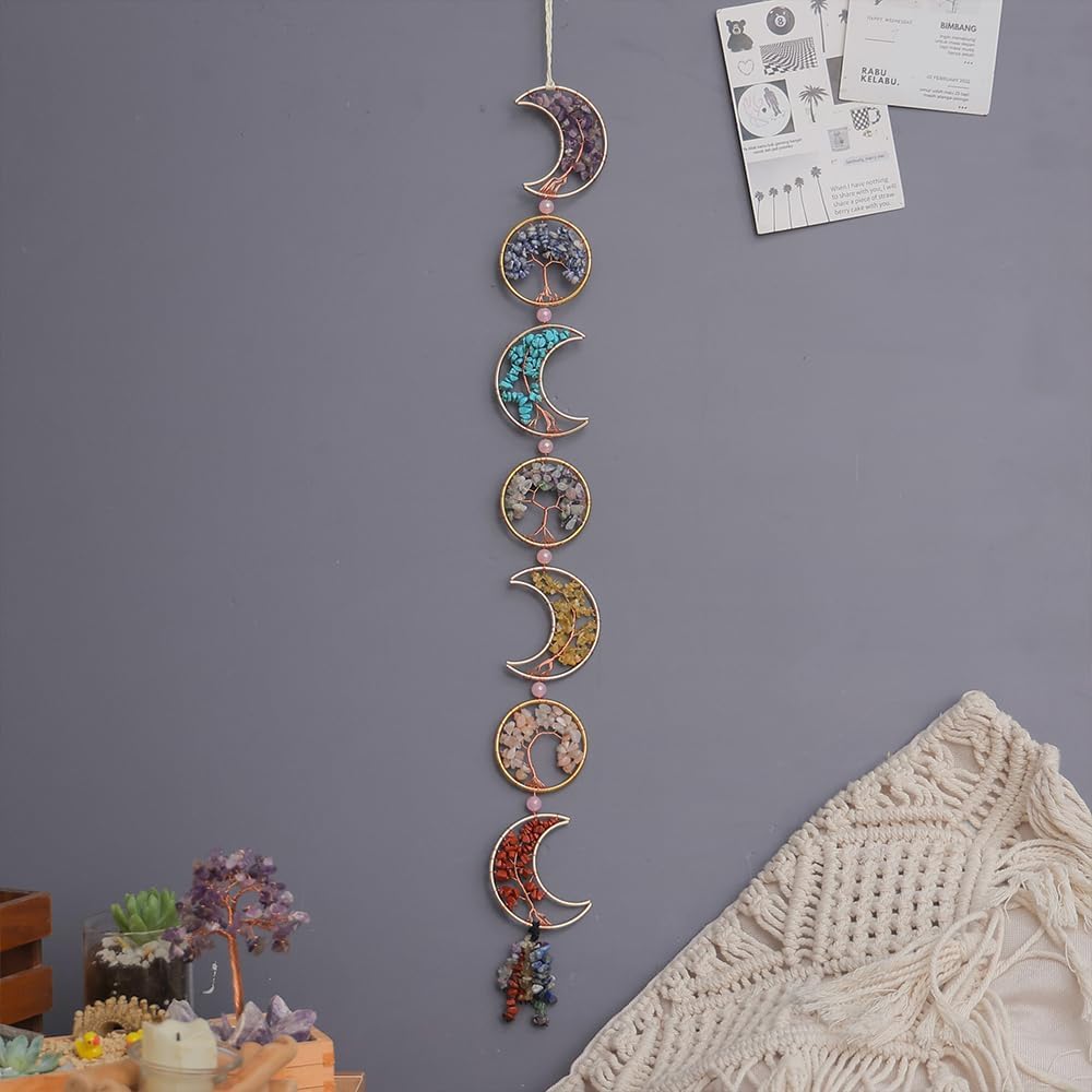 Chakra Crystal Moon Phase Wall Decor Tree of Life Crystal Haning Ornament | 7 Chakra Healing Crystals with Tumbled Tassel, Chakra Suncatcher for Home Yoga Meditation Gift