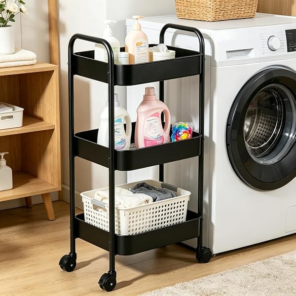 Black 3-Tier Rolling Cart with Wheels, Multifunction Utility Storage Carts, Kitchen Storage Organizer, Mobile Shelving Unit for Bathroom, Laundry - 3