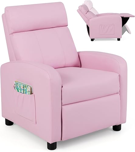 Miniatura 11 de Costzon Sillón Reclinable para Niños, Silla de Salón de Cuero PU Ajustable con Bolsillos Laterales, Reposapiés, Reposacabezas para Niños de 3-12