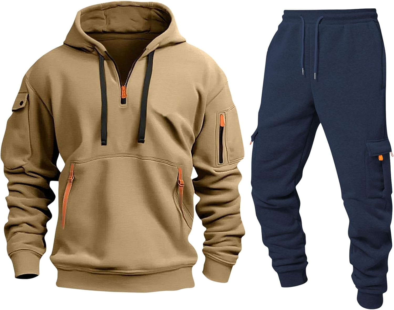 Men's Solid Color Sweatsuits Casual 2 Piece Set Loose Sports Hooded Sweatpants Multi Pocket Overalls Suit