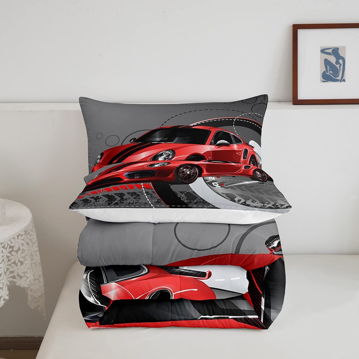 Parure De Lit Enfant Garçon Motif Voiture - Housse De Couette Microfibre Douce, Taie D'oreiller, 90x190 Cm