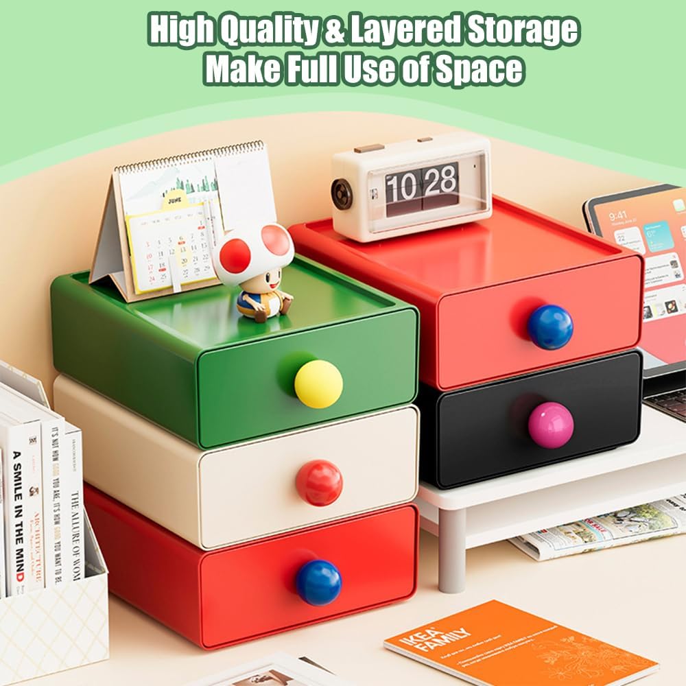 4Pcs Desk Organizer, FHDUSRYO Stackable Desktop Storage Box with Drawer, Large Desk Drawer Organizer with Cute Handle, Plastic Makeup Storage Drawer, Desk Organizer and Accessories for Home Office