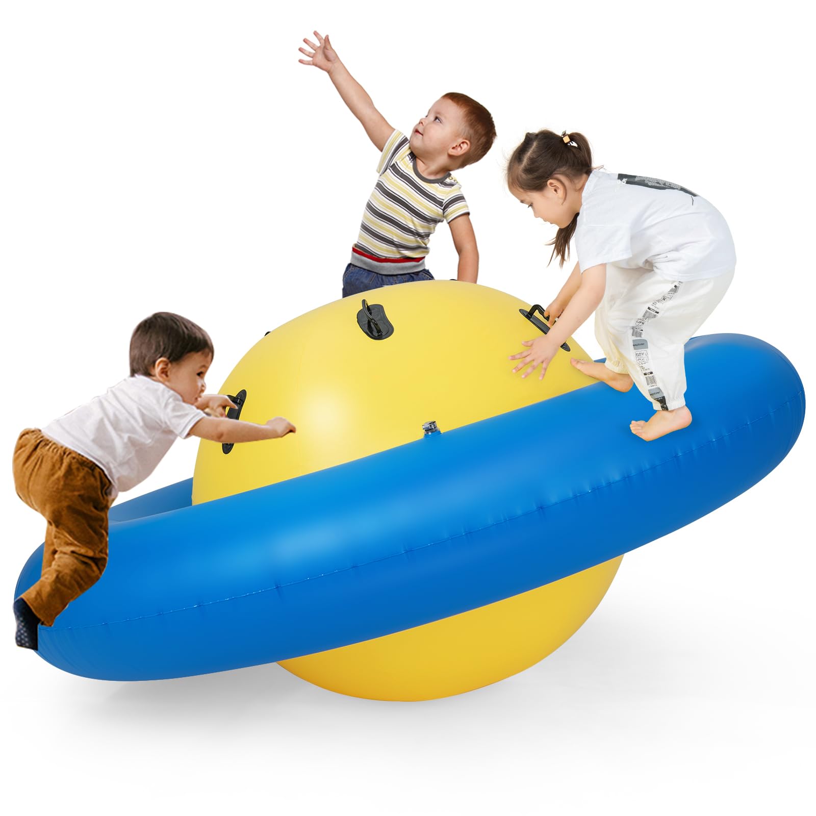 COSTWAY 88'' Inflatable Dome Climbing Rocker, Kids Teeter Totter Seesaw with 6 Handles, Blow Up Giant Rocking Bouncer Ball for Indoor Outdoor (Yellow+Blue)