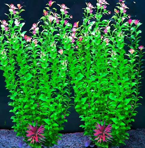 Image of 2 pcs Aquarium Decor Plants 21 Inches Extra Large Artificial Plastic Fish Tank Plants with Flowers, Tall Fish Tank Decoration for Betta Fish Tank