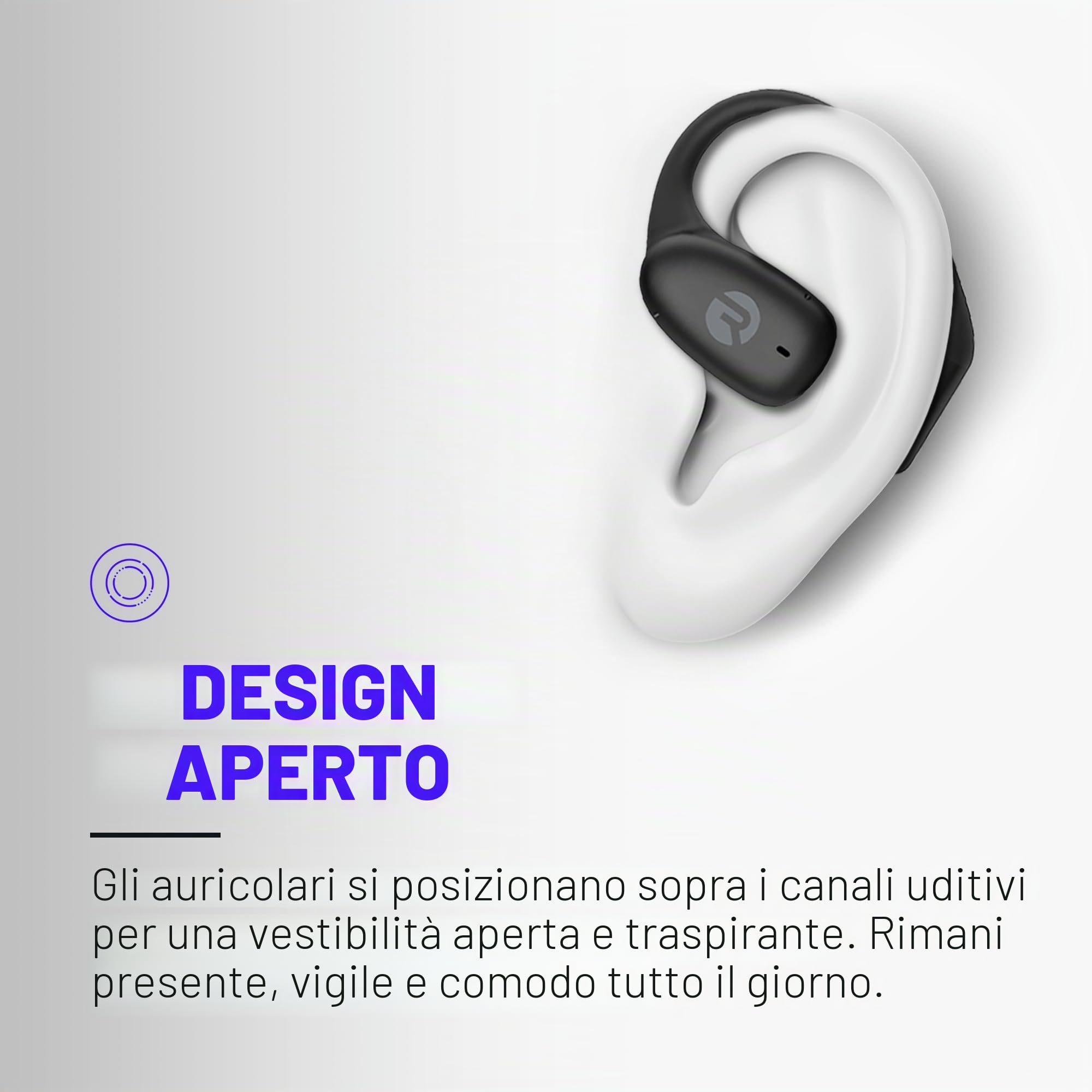 Raycon Essential Open Earbuds – True Wireless Open Ear Bluetooth 6.0 Cuffie, Ultra-Leggero, Comfort Hook Design, IPX5 Resistente all'acqua, 36 ore di durata della batteria (viola)