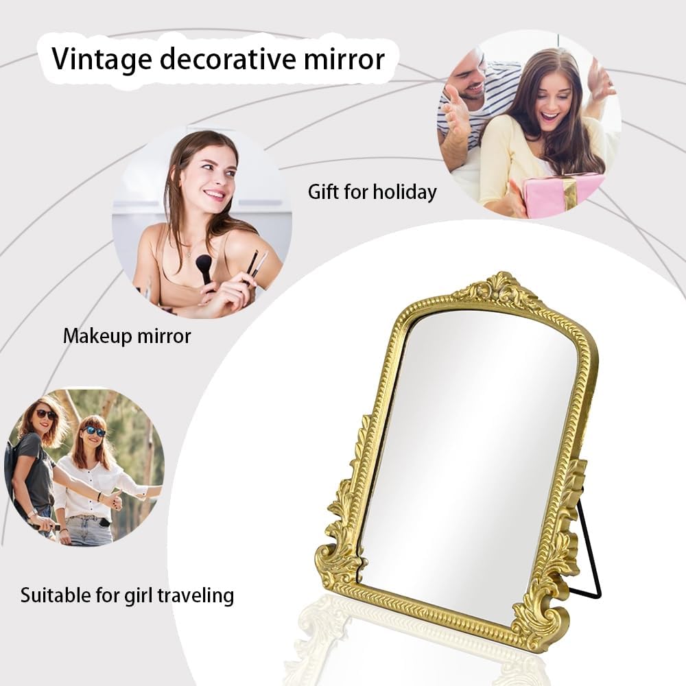 TenFuju Champagne Gold Vintage Baroque Vanity Mirror, Small Arched Tabletop Makeup Mirror, Free Standing Mirror for Dresser, Bedroom, Living Room, 11.8" x 9.6"