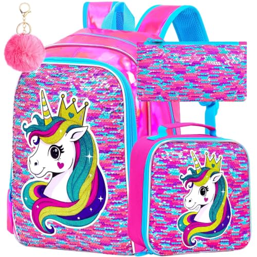 Image of CCJPX 3Pcs Unicorn Backpack, 16 inch Girls Sequin Bookbag with Lunch Box, Kids Water Resistant Elementary School Bag for Kindergarten Preschool Toddler (Rose)