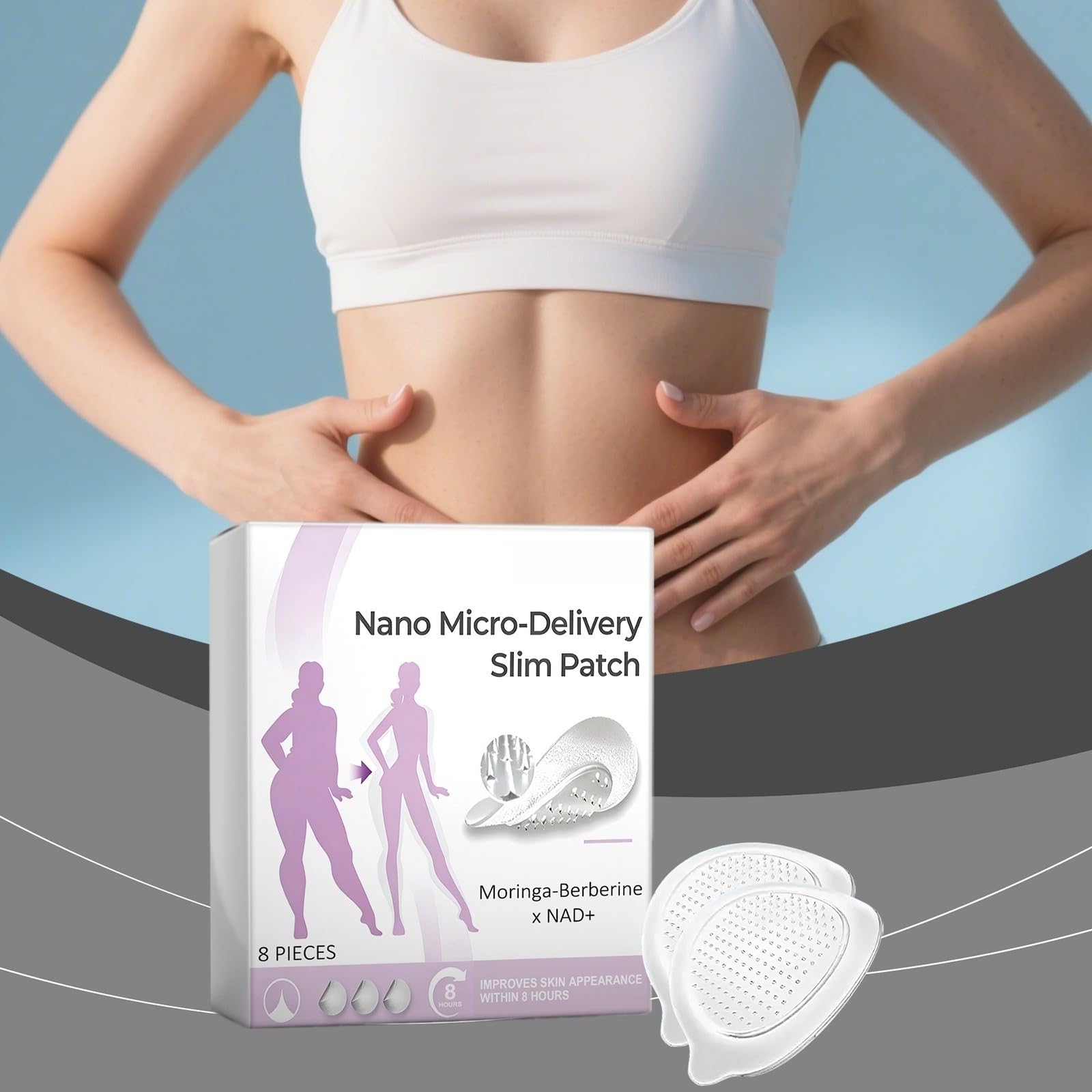 Moringa Seed x Berberine Nano-Microneedle Slimming Patches, ingredienti naturali, facili da usare, invisibili sotto clothing, adatti per uomini e donne.