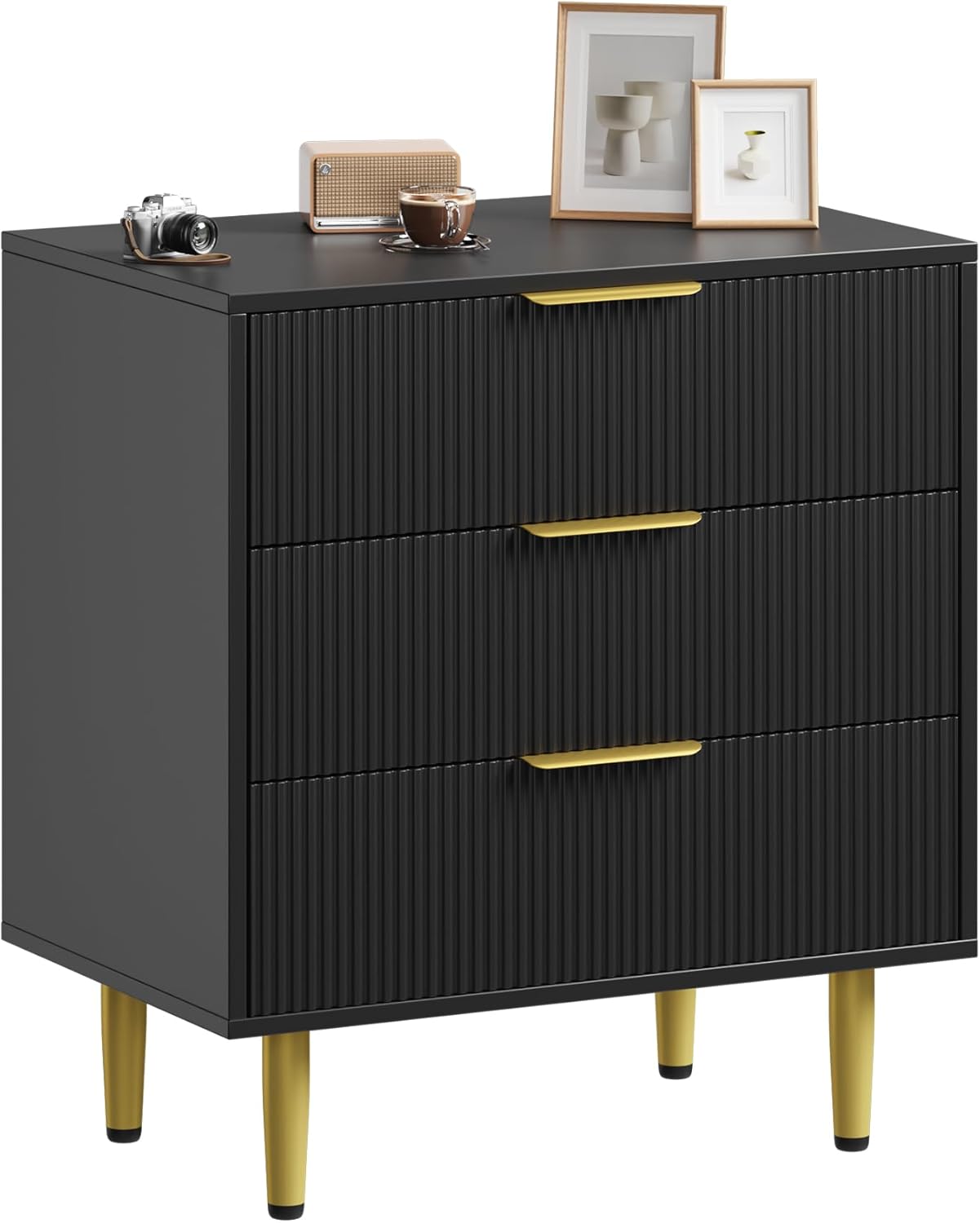 Garvee Fluted Dresser for Bedroom with 3 Drawers, Wooden Chest of Drawers with Metal Handle & Feet, Black Dresser for Living Room, Hallway, Bedroom