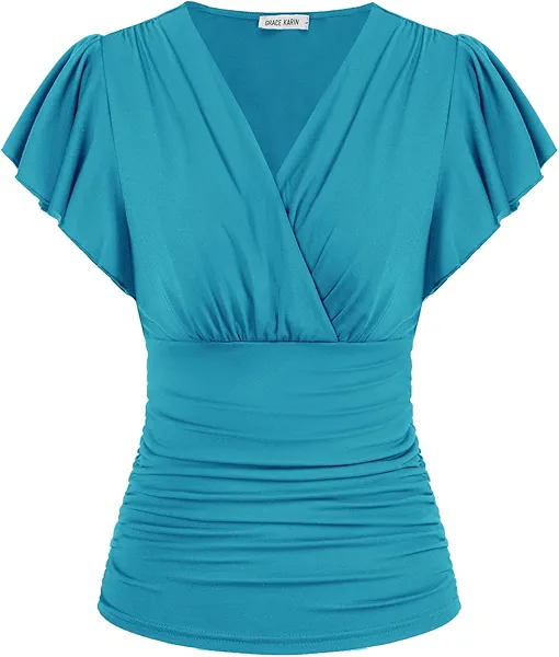 GRACE KARIN 2025 Womens Tops Summer Wrap Blouse V Neck Ruffle Sleeve Dressy Casual Top Ruched Trendy Clothes