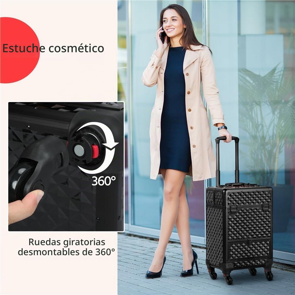 Yaheetech Maletin Maquillaje Profesional con Ruedas Desmontables Peluquería | Estuche Maquillaje para Cosméticos Manicura,34.3 x 24.2 x 55.5 cm,Color Negro
