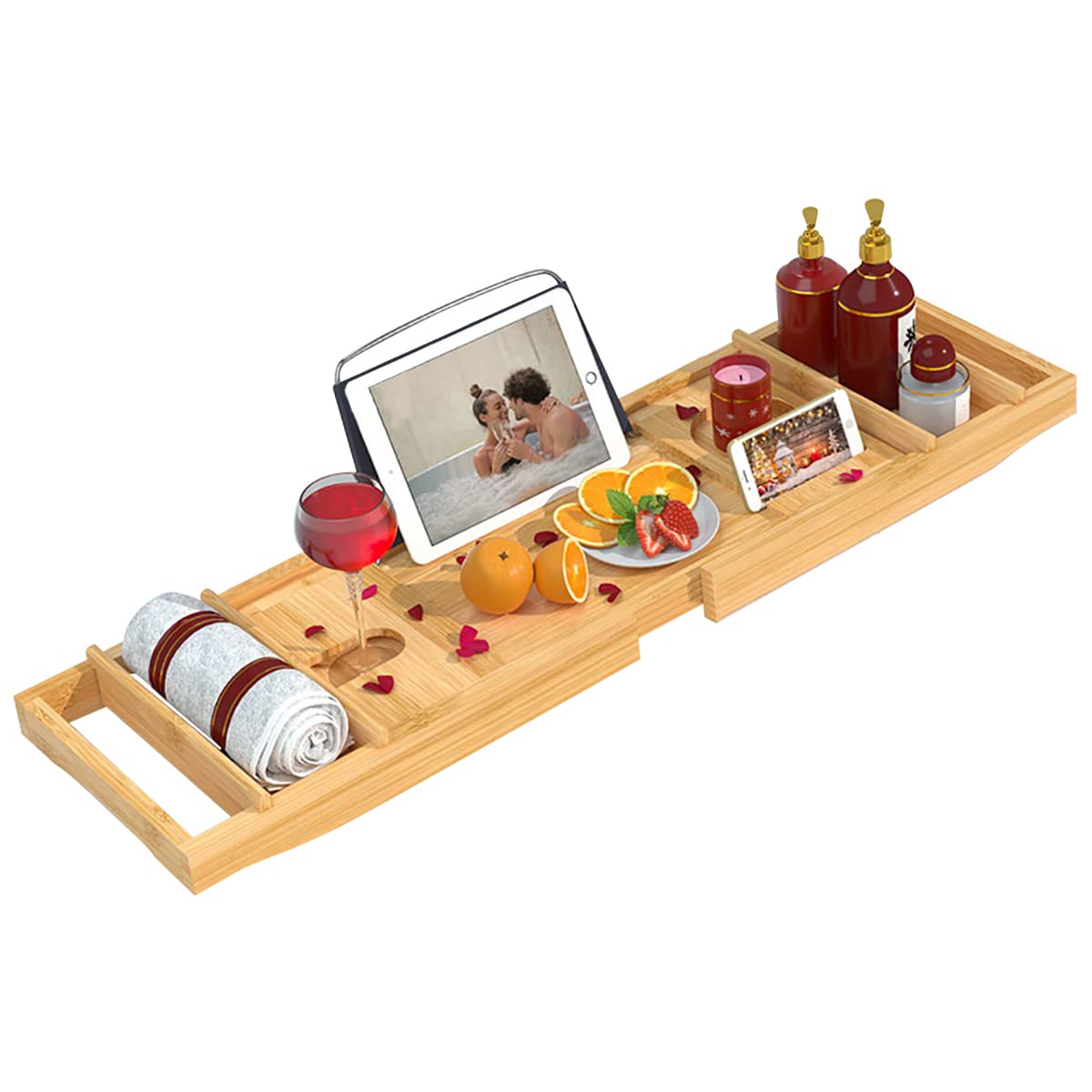 Bath Tray Bamboo Bathtub Stand, Caddy Holder Organizer with Extending Sides Adjustable Book Ipad Stand Sliding Tray Wine Glass Holder Candle and Phone Slot 2 Removable Boards for Shower Spa Bathroom