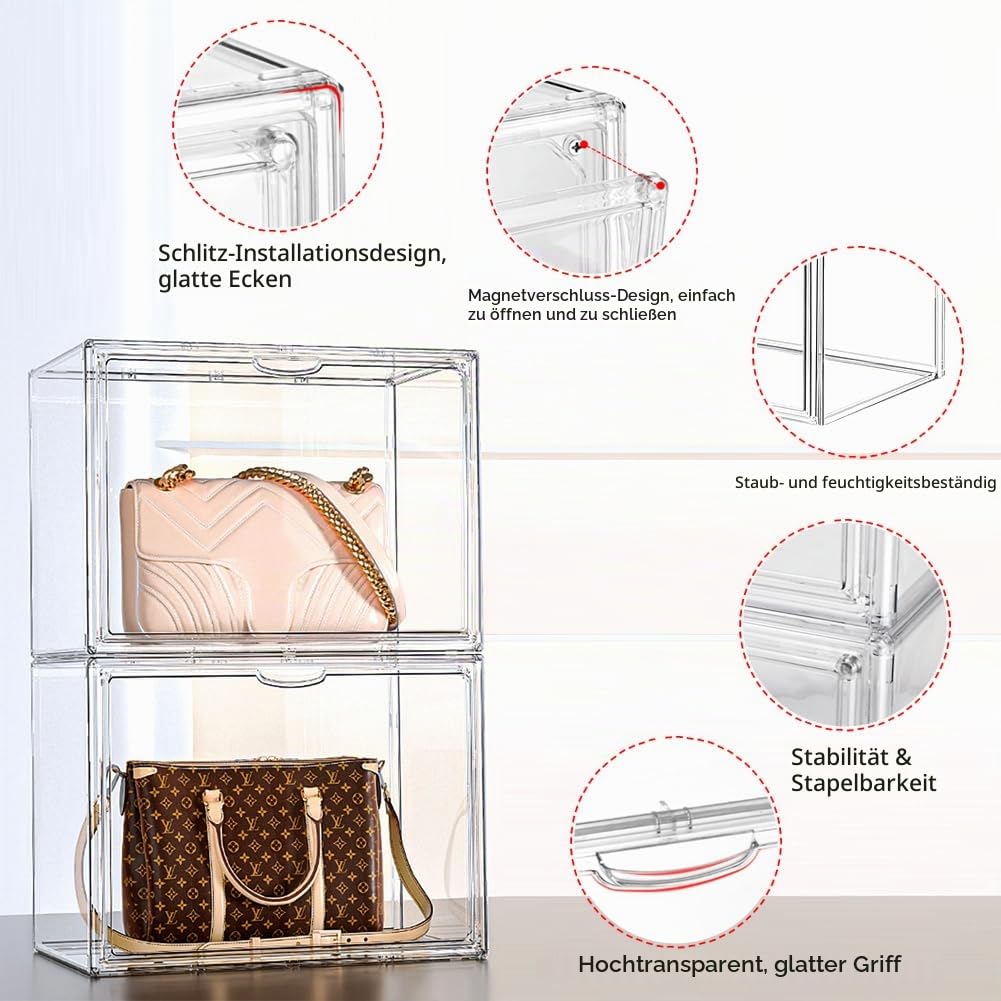 4 Stück Acryl Vitrine Schaukasten Transparent, 40x25x30cm Aufbewahrungsbox Stapelbare Acrylbox Displaybox, Handtaschen Aufbewahrung Organizer, für Buch Spielzeug Kosmetik Schuhe Bücher