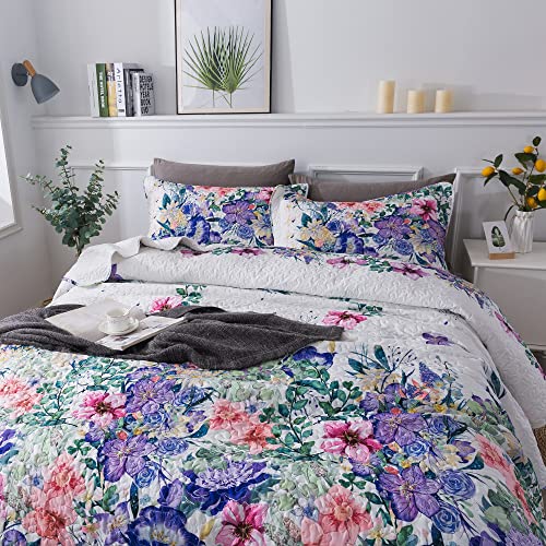 Travan Queen Quilt Set 3-Piece Bedspread Quilted Oversized Lightweight Microfiber Coverlet Set With Shams Violet Purple Floral Pattern Quilted Bedding Set For All Season, Queen #TOP2