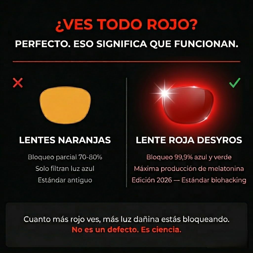 Gafas Rojas Bloqueo 99,9% Luz Azul y Verde | Lente Roja Intensa Uso Nocturno Protectora Luz Azul para Dormir | TR90 Ultra-Ligera Edición 2026 | Biohacking para el Descanso