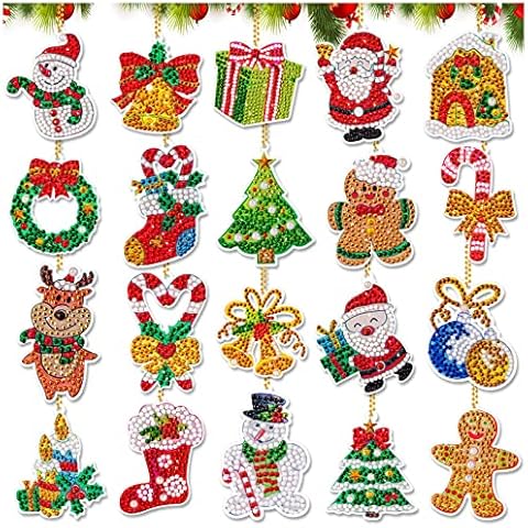 FFNIU Christmas Diamond Art Painting Ornaments, 20 Pcs Diamond Art Ornaments, Diamond Art Painting 5D Keychains, Christmas Xmas Santa Claus Snowman Drill Pendant for DIY Key Ring Phone Charm Decor Cover