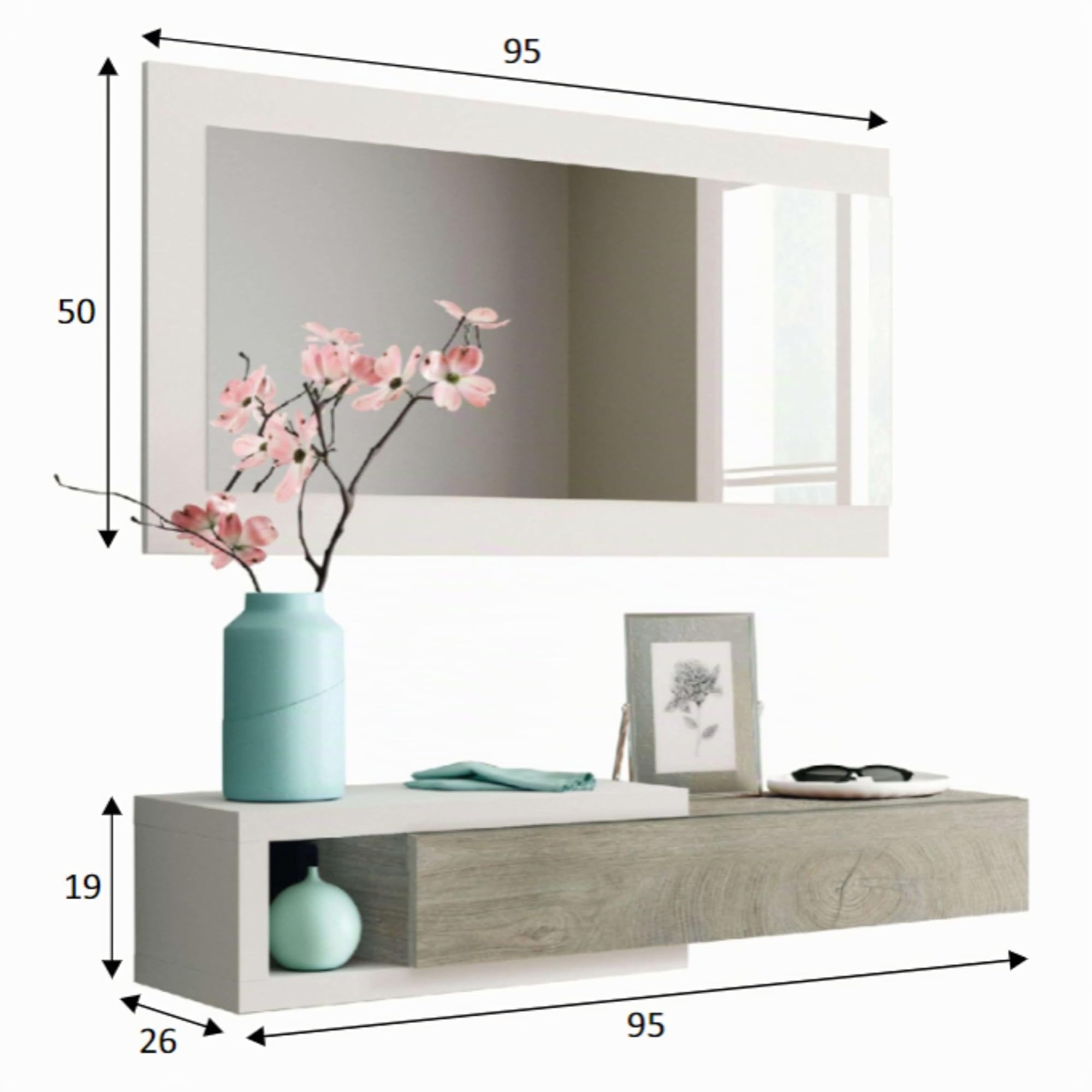 Miroytengo Mueble de Entrada Noon Recibidor con Espejo Estilo Multifuncional en Color Blanco Artik y Roble Alaska 95 cm