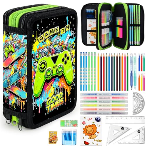 41 Artikel Federmappe Jungen Federmäppchen 3 Fach Jungen Mäppchen Gefüllt Spiel Set Federtasche 3 Fächer Einschulung Geschenke für Kinder Schüler mit Radierbaren Stiften Textmarker Buntstiften