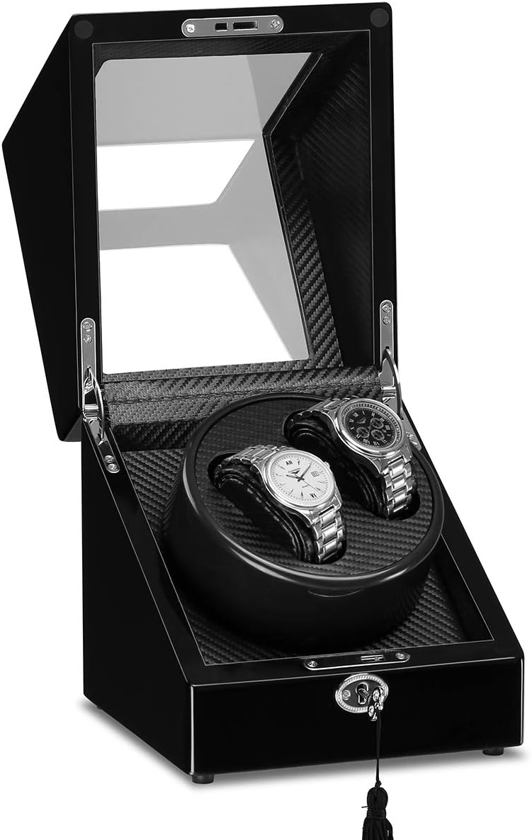 CRITIRON Luxury Automatic Watch Winder with 2 Leather Storage (Wood Shell + Leather Pillow + Piano Paint + Tempered Glass) (2+0 Black1)