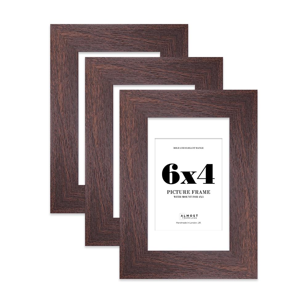 6x4" Walnut Frame With Mount for 4x3" Pictures 28mm Edge Portrait and Landscape Display with Wall Hooks and Kickstand, 3 Pack