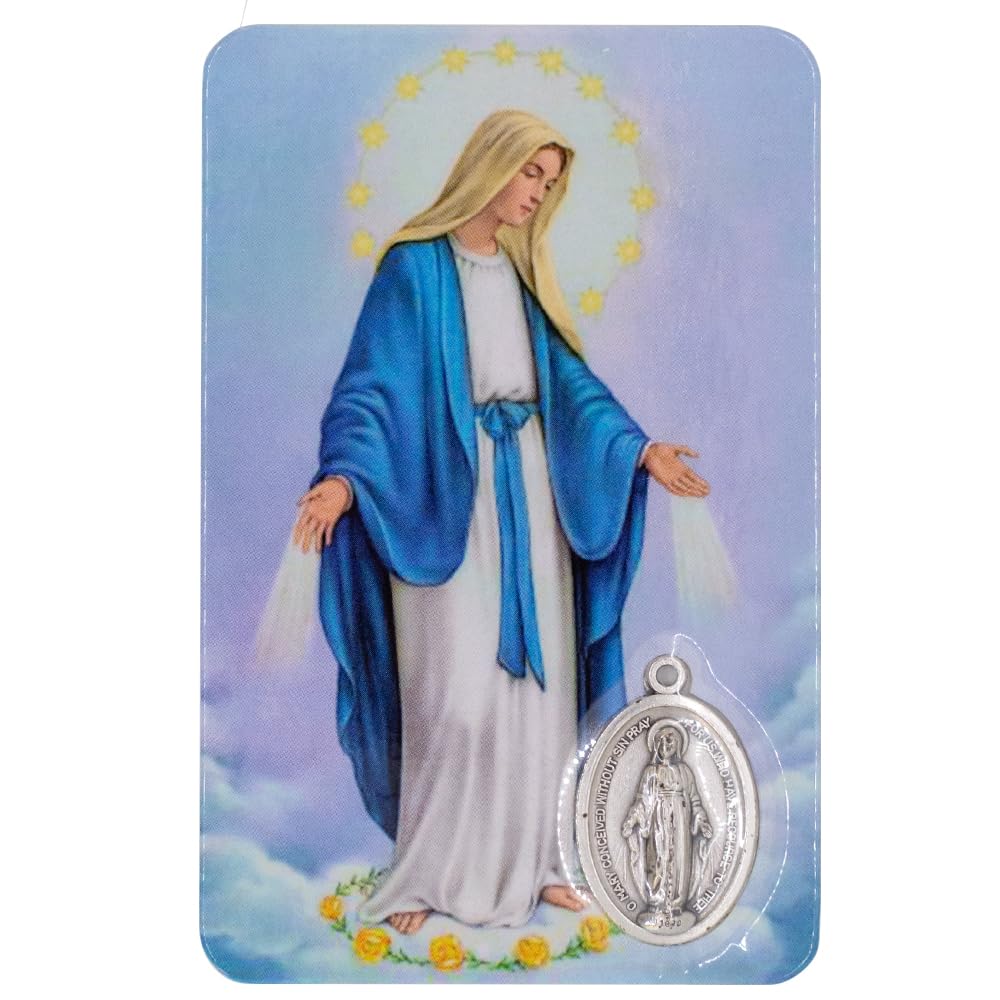 Holy Prayer Card with Built-In Medal Pendant | Laminated Full-Color Prayer Card | Great Variety | Great Christian Gift for First Communion and Confirmation (Hail Mary Card with Medal)