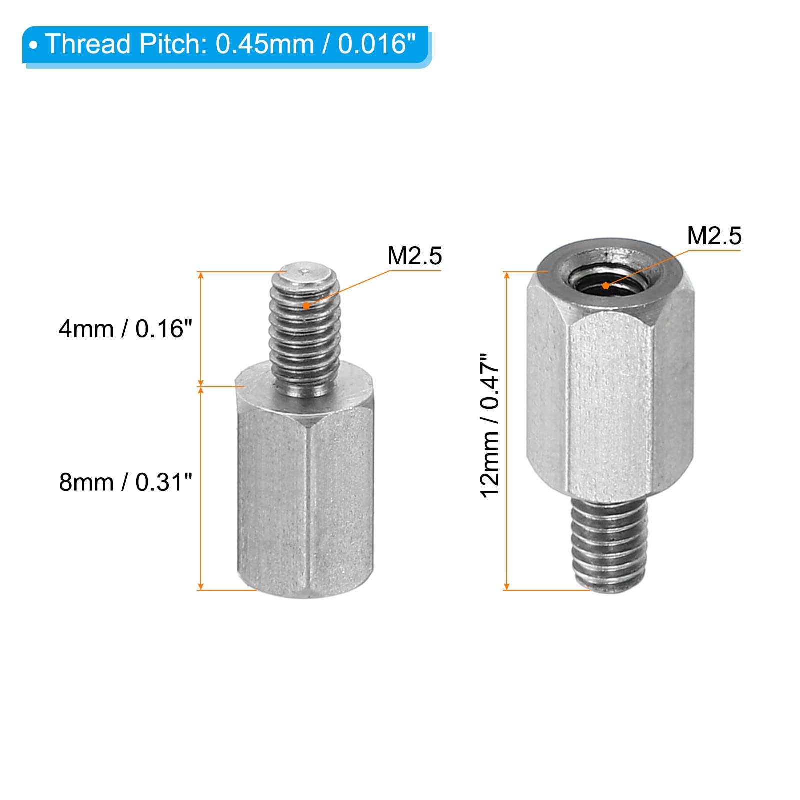 PATIKIL M2.5x8mm+4mm Male-Female Hex Standoff, 20 Pack Stainless Steel PCB Standoffs Screws for Motherboards Computer Cases - Image 2