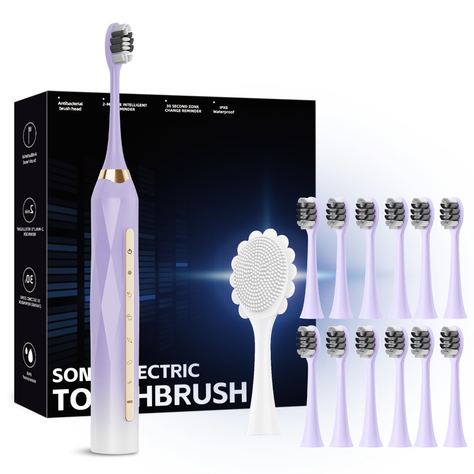 molux Electric Toothbrush Set, Equipped with 12 Brush Heads and 1 face Brush Head, IPX8 Waterproof, 42000 high-Frequency Vibration, Ultra Whitening Toothbrush for Adults and Kids