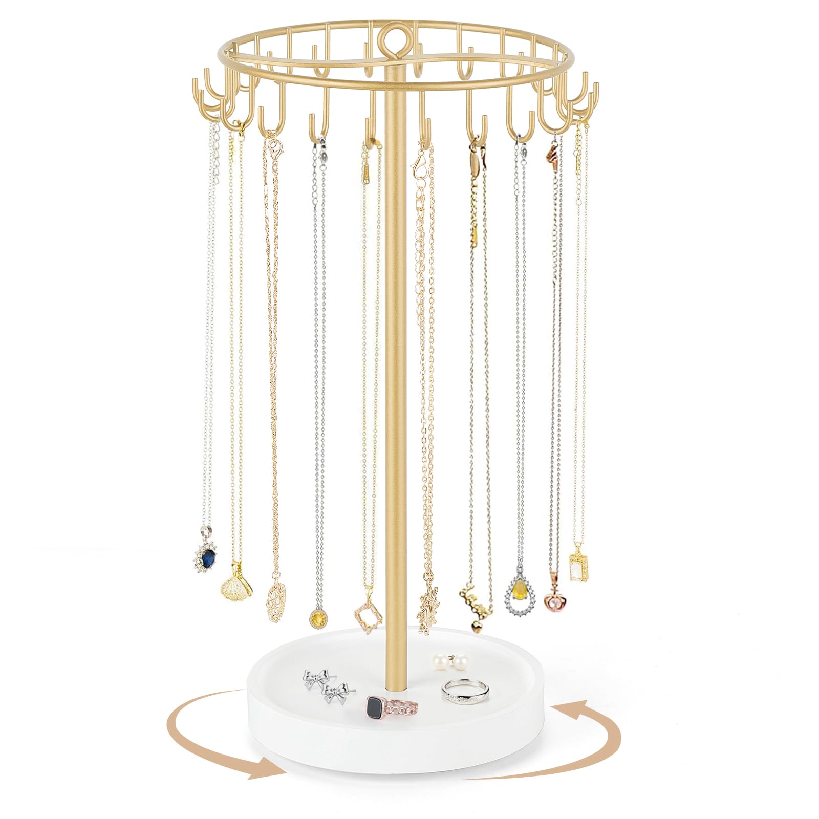 Photo 1 of **FOR PARTS ONLY /MISSING ASSEMBLY PIECES*** Mkono Rotating Necklace Holder Metal Jewelry Display Stand Gold Necklace Organizer with 22 Hooks Adjustable Tree Tower for Storage and Hanging Bracelet Keychain Home Bedroom Decor Dressing Table Women