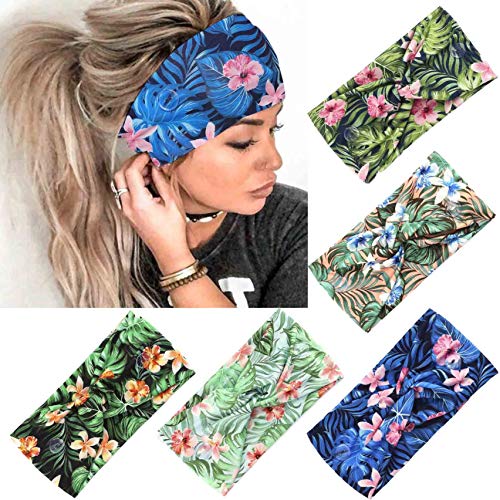 ELABEST Button Headband for Mask Yoga Headbands with Buttons 5Pack Sport Hair Band Flower Boho Head Wrap Elastic Bandeau Bohemian Hair Accessories Head Band for Women
