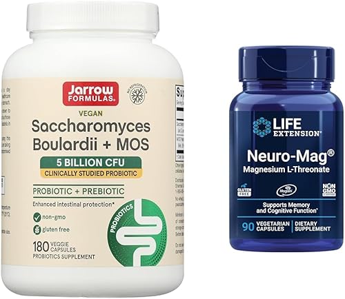 Jarrow Fórmulas Saccharomyces Boulardii Probióticos + MOS 5 mil millones de UFC Probiótico levadura y extensión de vida Neuro-mag L-treonato de