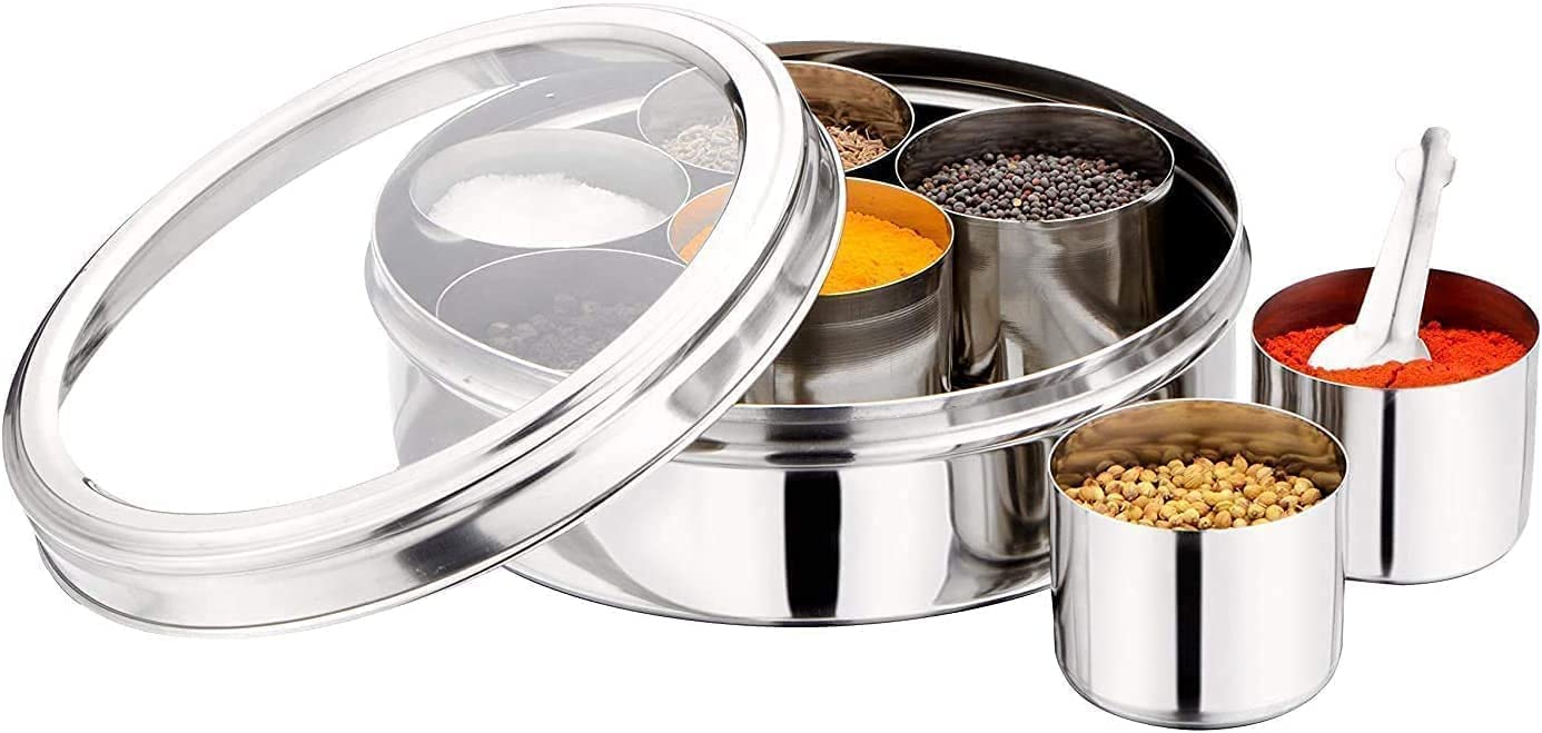 TrendBell Valentine's Day Gifts Stainless Steel Indian Spice Masala Box Container Dabba with See Through Lid with 7 Spice Organizer Containers Box, size 8 X 8 Inch