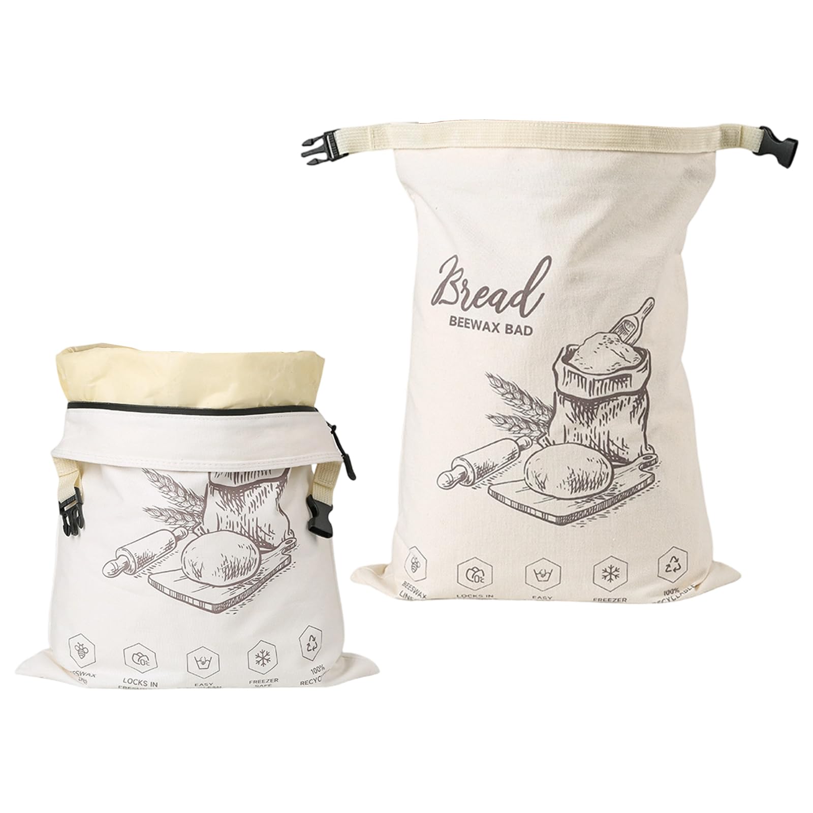 Borsa per alimenti in cotone biologico con fascia elastica e moschettone, essenziale per pane, formaggio, picnic, cibo