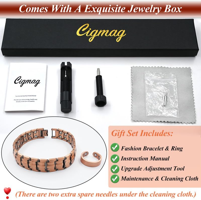 Copper Bracelet for Men Double Row Ultra Strength Magnets 99.99% Pure Copper Magnetic Bracelet & Ring with Adjustable Sizing Tool - Image 5