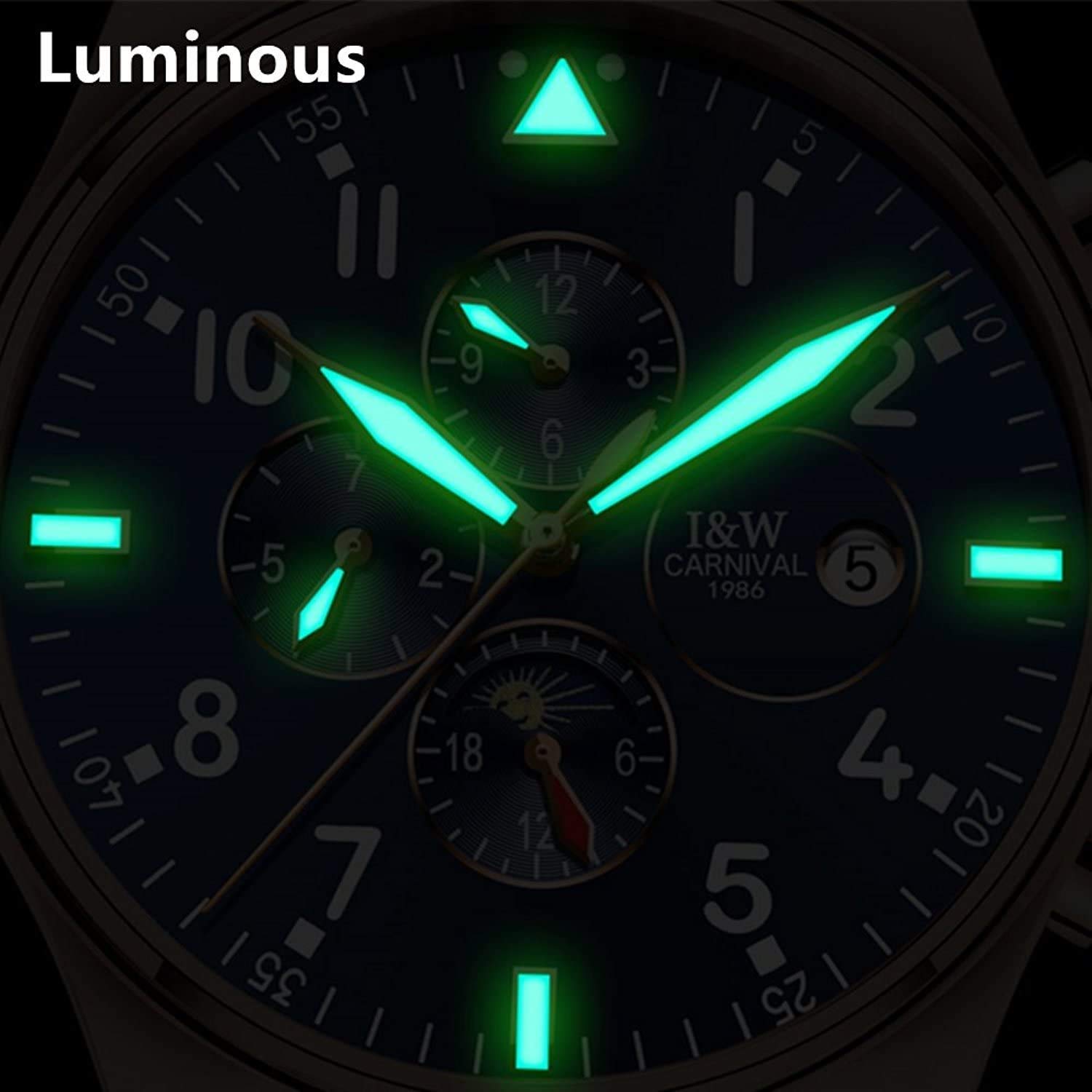 MASTOP Herren Komplikationen Analog Automatische Mechanische Uhr Leuchtender Kalender Echtes Lederband Business Edelstahl Kleid Armbanduhr Klassisch
