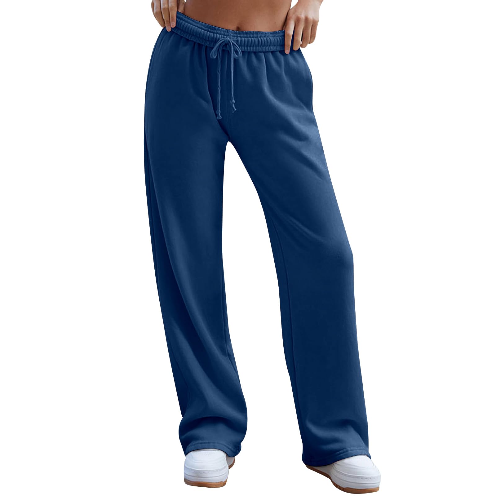 Women's Wide Leg Sweatpants Trendy Interior Drawstring Baggy Sweatpants Straight Leg Sweatpants with Pockets Y2K Plus Size Flare Sweatpants High Waisted Casual Joggers Cotton Sweatpants Women A-Navy