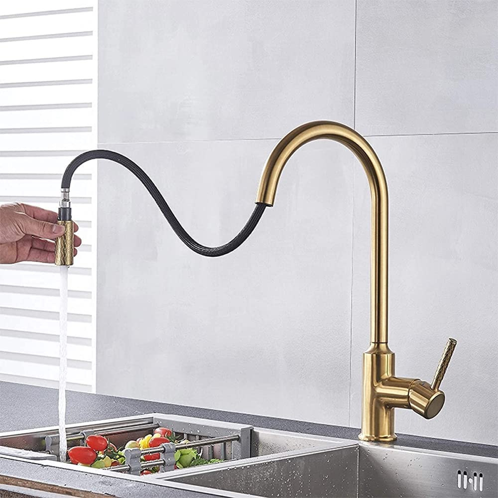 VDOQTLJT Taps Faucets Hot Cold Kitchen Faucet Brushed Gold Mixer Tap 360 Degree Rotation Pull Down Stream Sprayer Taps/Brushed