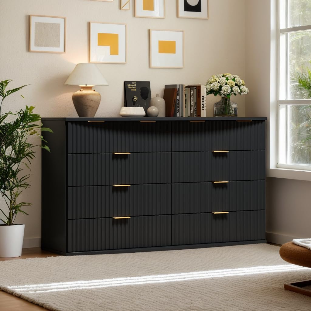 8 Dresser for Bedroom,Wide Modern Chest of Drawers with 8 Deep Drawers and Golden Handles,Fluted Black Dresser for Bedroom, Living Room, Hallway, Entryway