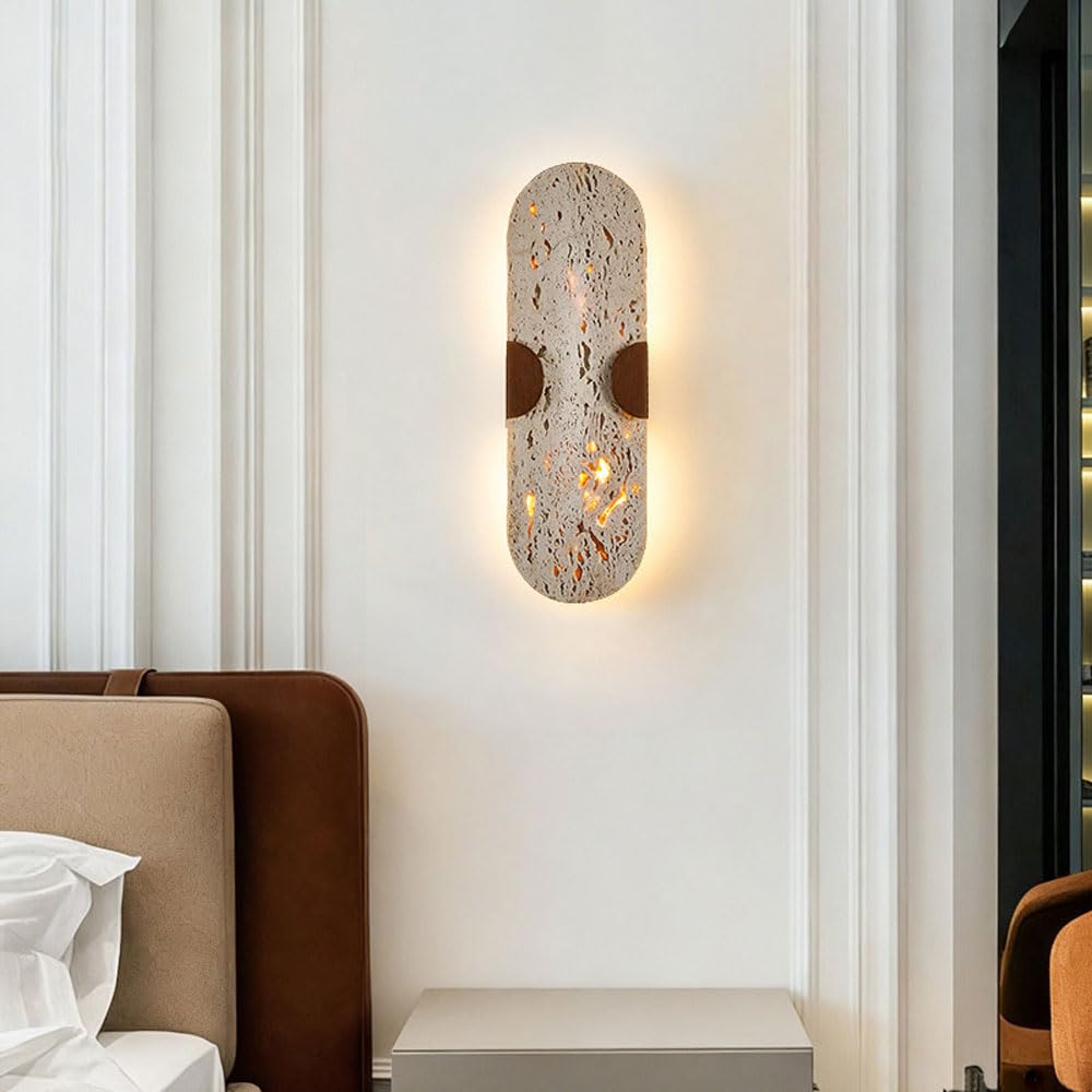 Applique da Parete in Stile Industriale, Ovale da 35 cm (13,7 Pollici) in travertino Giallo, Sorgente Luminosa G9, Lampada da Parete in Pietra Naturale, apparecchi di Illuminazione Decorativi