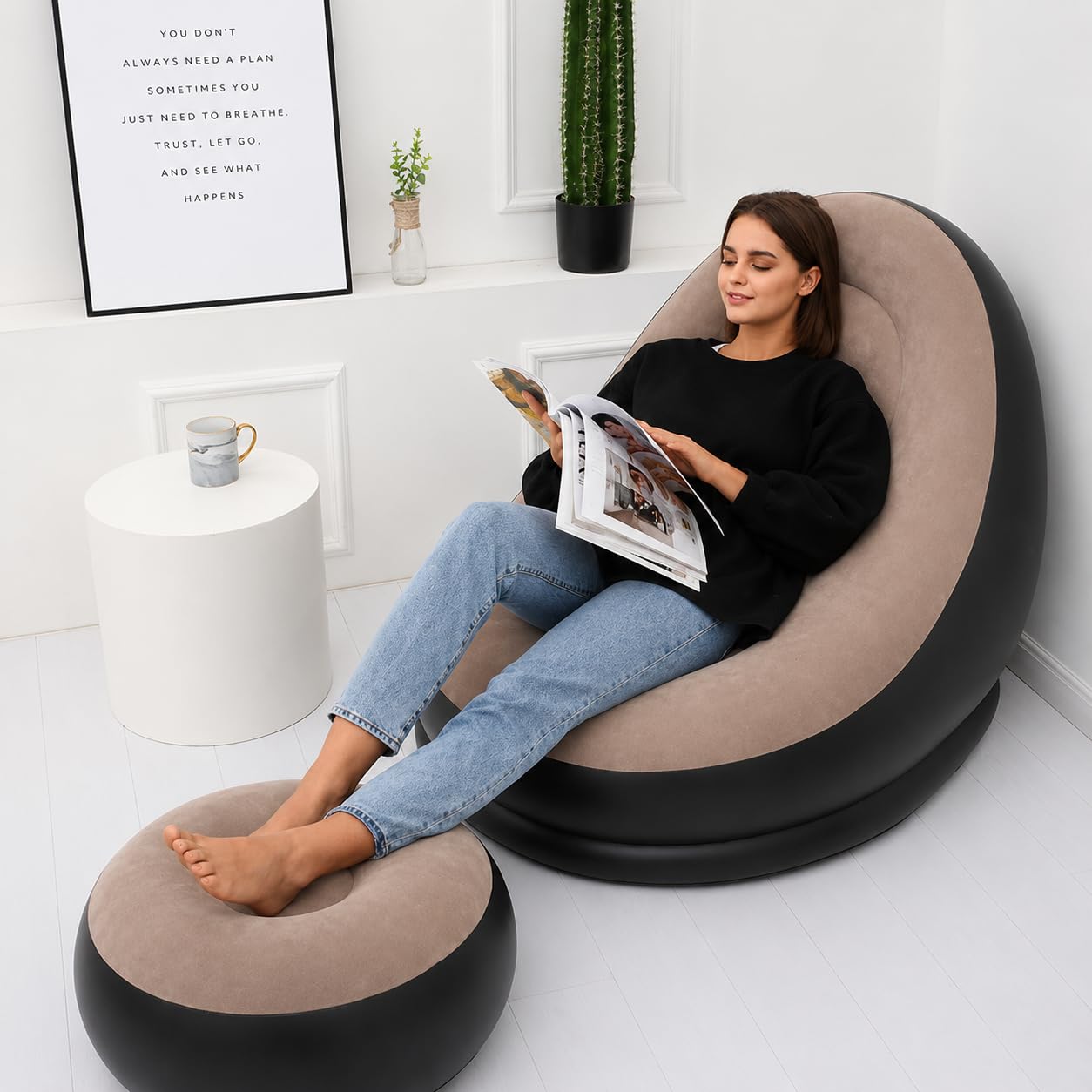HOUSNIX Inflatable Sofa Chair with Footstool & Air Pump | 1 Seater Portable Couch Lounger for Indoor & Outdoor Use | Living Room, Bedroom, Balcony, Garden Recliner | PVC Material | Multicolor/Brown 1