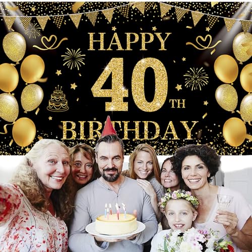 Image of Black Gold 40th Happy Birthday Backdrop Banner Photography Background Decorations for Men Women Forty Years Anniversary Party Accessories Supplies 72.8 * 43.3in