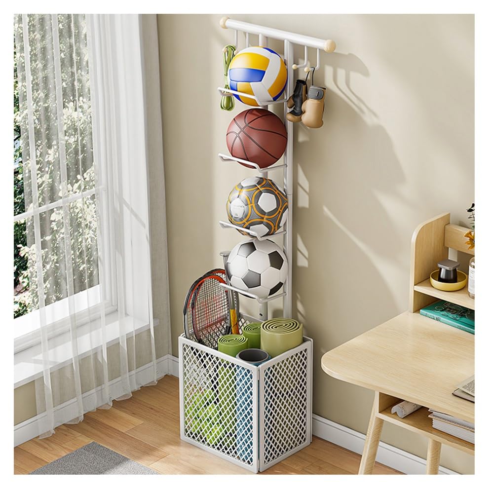 Stojak do przechowywania sprzętu sportowego – niezależny z koszami i haczykami, półka oszczędzająca miejsce na siatkówkę, piłkę nożną, sprzęt do koszykówki, do użytku domowego i na siłownię