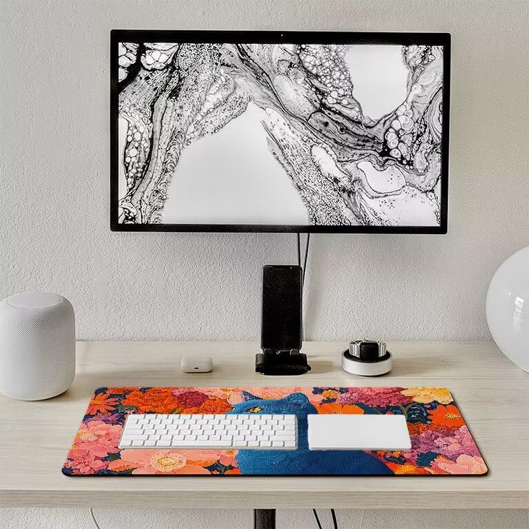 Tappetino Mouse Gaming XXL 1600 x 800 mm Tappetino Antiscivolo Sottomano Da Scrivania Per Mouse e Tastiera, Con Base In Gomma Antiscivolo, Lavabile, Mouse Pad Gatto Fiori, Regalo per Uomo L-717