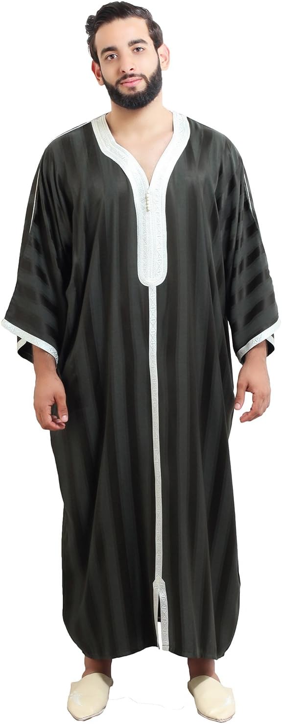 Moroccan Men Dress Caftan Handmade with Embroidery Tread Long Sleeve Black