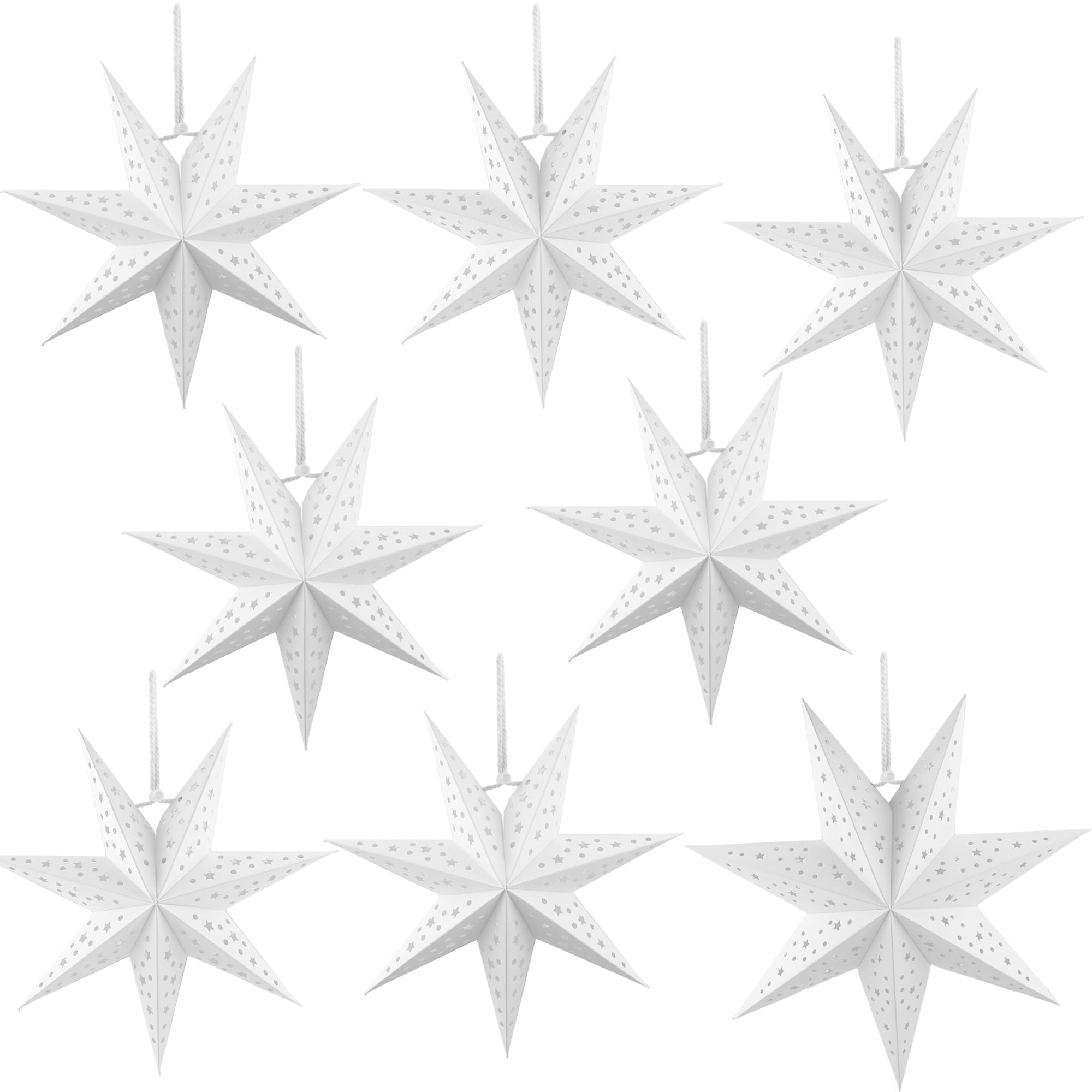 Haconba 8 Pack 3D Paper Stars 7 Pointed Hanging Star Paper Lanterns Lampshade Hollow Paper Star Lantern for Christmas Wedding Home Birthday Party Decorations, 3 Size