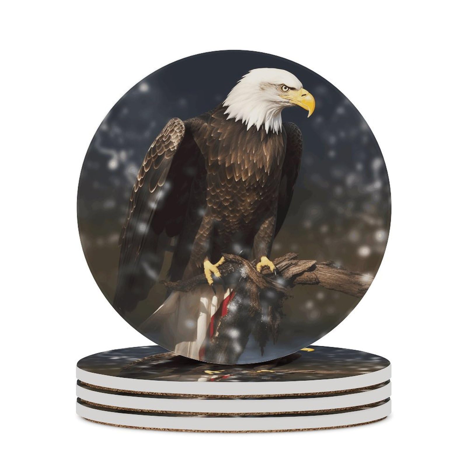 Lot de 4 dessous de verre ronds en céramique absorbante et liège avec motif aigle sauvage